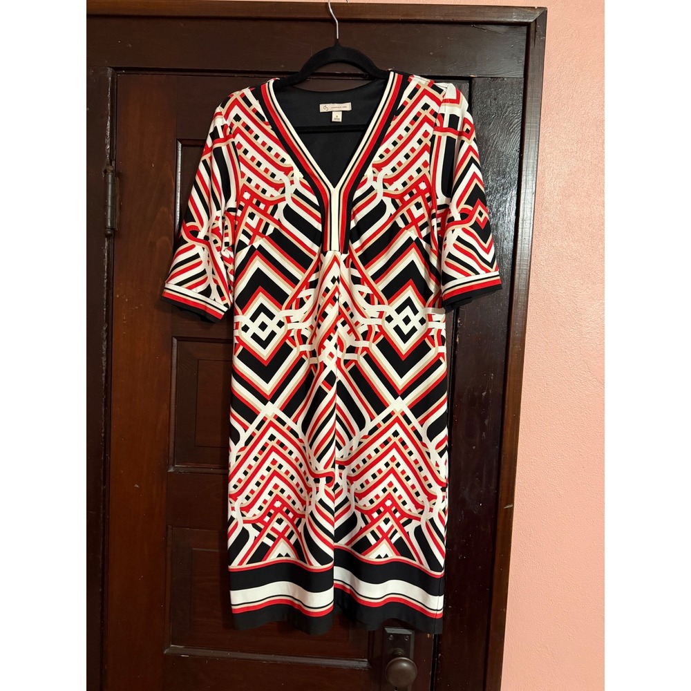CB Established 1962 Red Black White Geometric V-Neck Sheath Dress Size 8